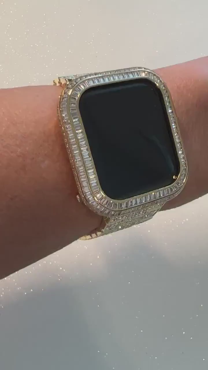 Luxury Apple Watch Band Yellow Gold Pave Swarovski Crystals & or Apple Watch Case Baguette Lab Diamond Bezel Cover Iwatch Candy Bling