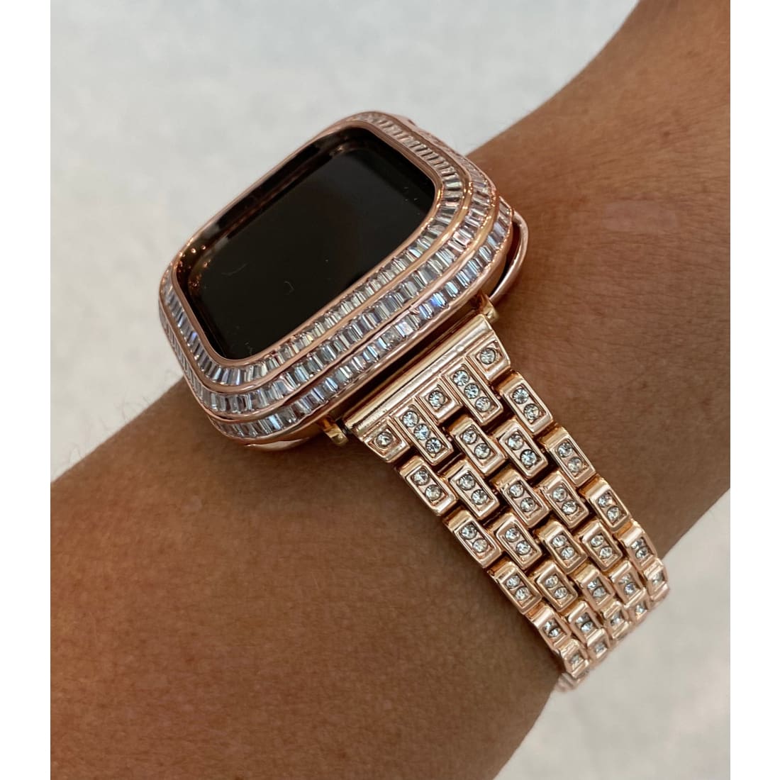 Rose Gold Apple Watch Band with Swarovski Crystals & or Lab Diamond Baguette Bezel Cover 40mm 41mm 44mm 45mm Custom Handmade - 40mm apple