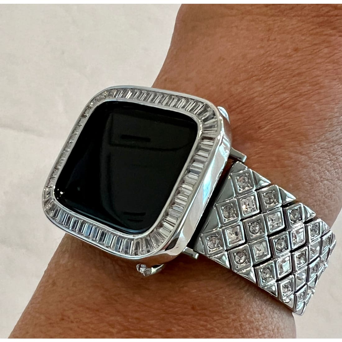 Series 1-8 Silver Apple Watch Band Swarovski Crystals 38 40 41 42 44 45mm & or Baguette Lab Diamond Bezel Cover Smartwatch Bumper - 40mm