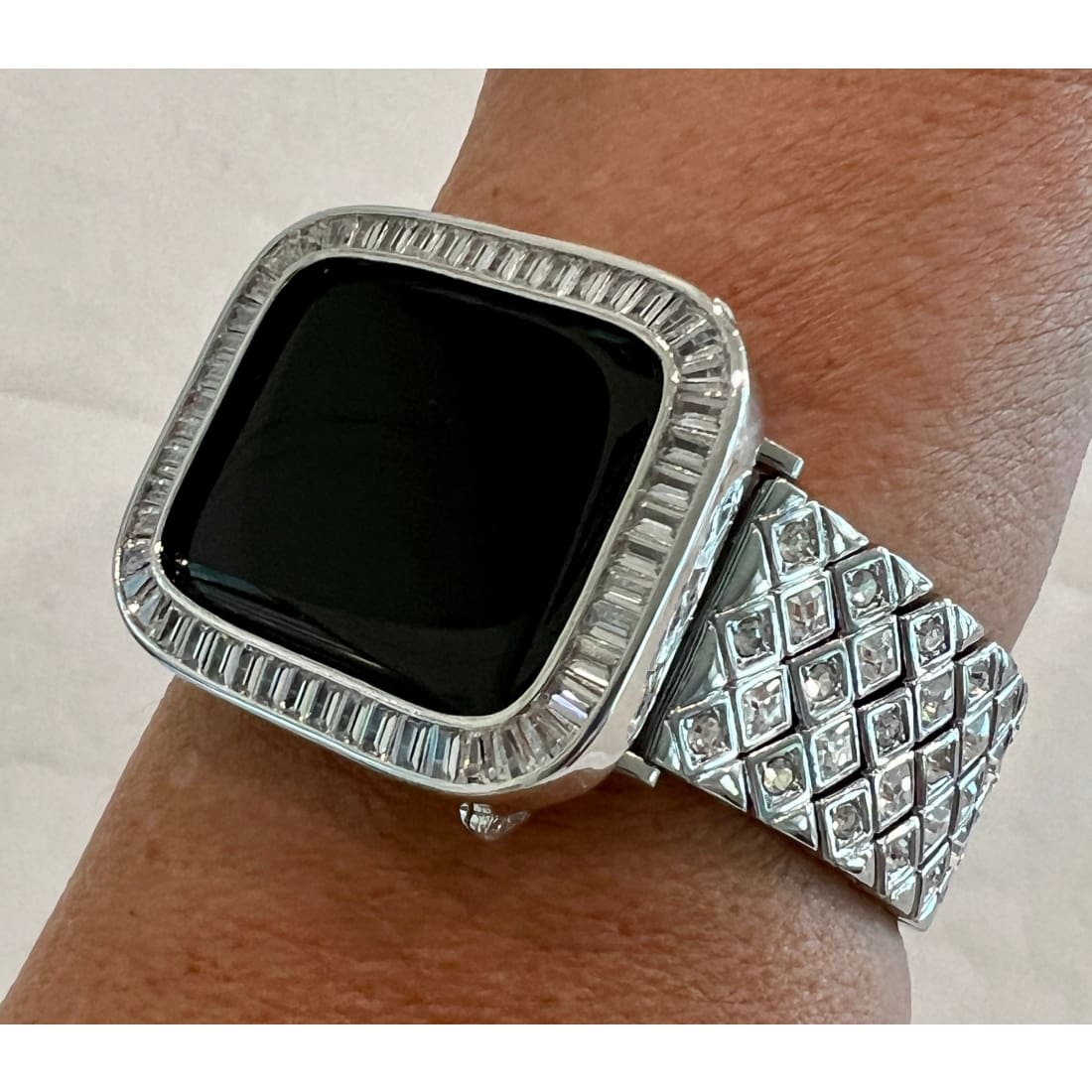 Series 1-8 Silver Apple Watch Band Swarovski Crystals 38 40 41 42 44 45mm & or Baguette Lab Diamond Bezel Cover Smartwatch Bumper - 40mm