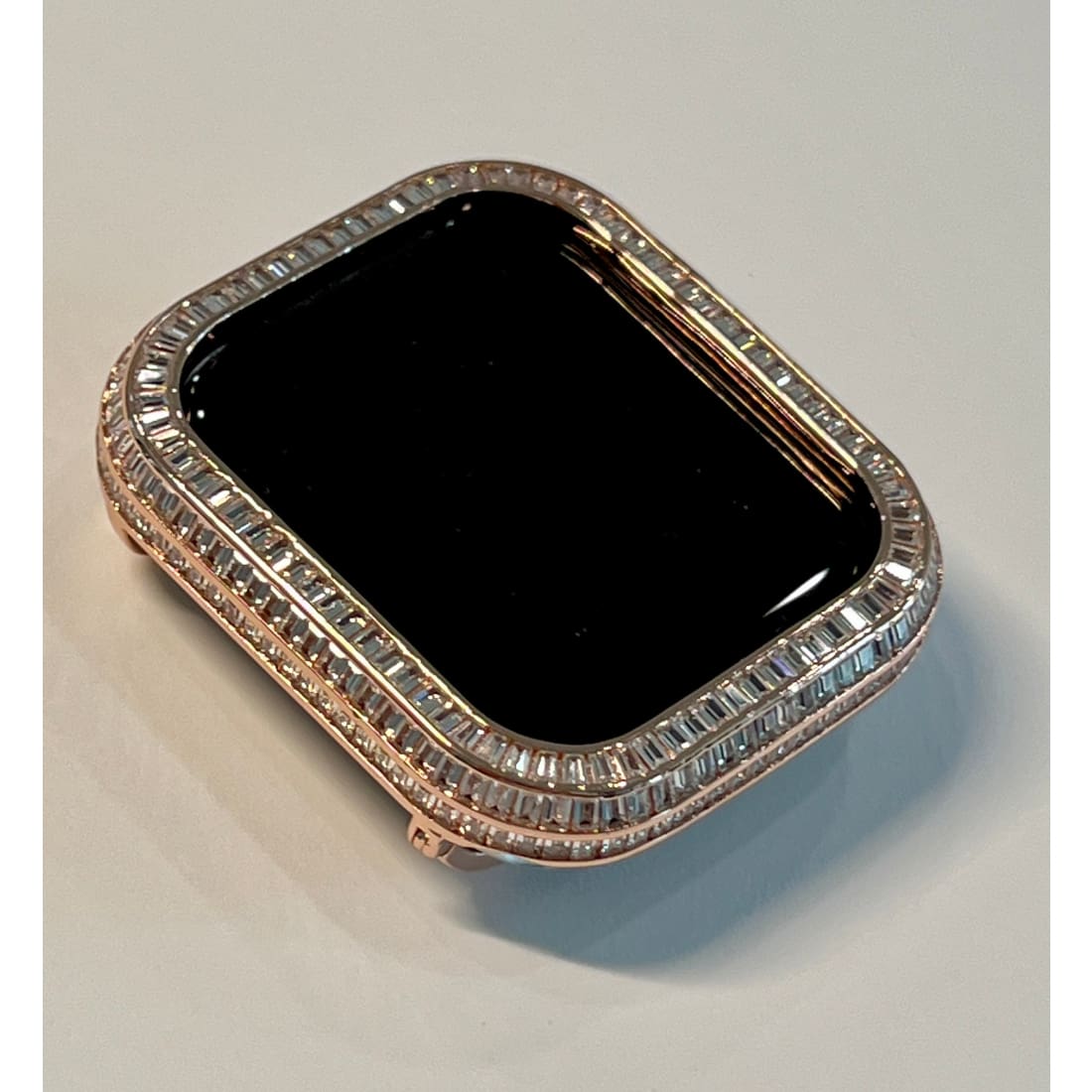 Series 7-8 Apple Watch Bezel Cover 40mm 44mm 3 Rows Lab Diamond Baguettes in 14k Rose Gold Plated Metal Smartwatch Bumper - 40mm apple