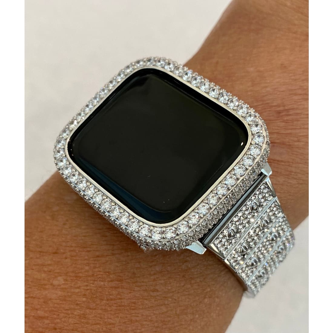 Silver Apple Watch Band Pave Swarovski Crystal 38 40 41 42 44 45 49mm Ultra & orApple Watch Cover Lab Diamond Bezel Bling Series 2-8 - 49mm