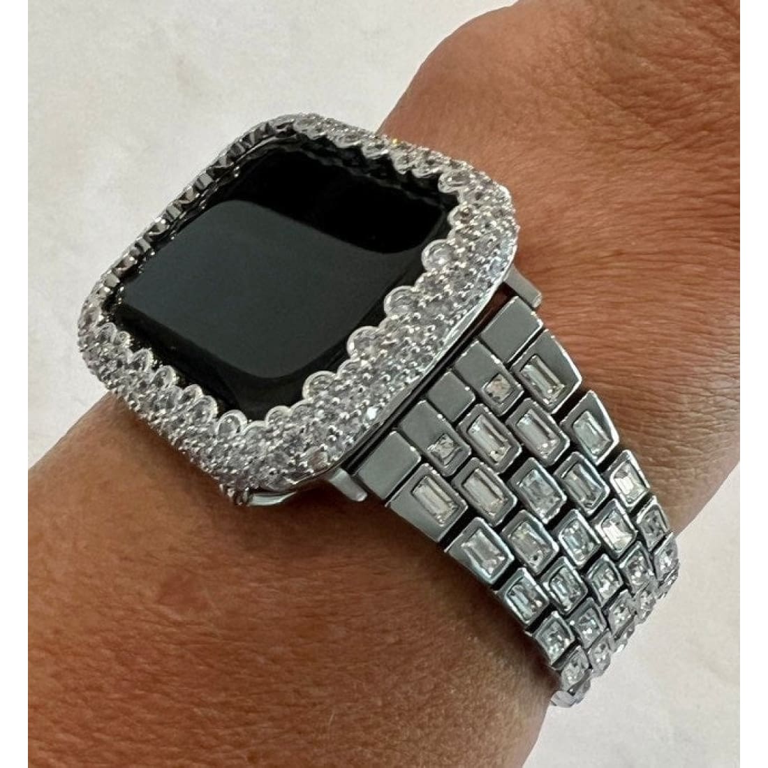 Silver Apple Watch Band Swarovski Crystal Baguettes 38 40 41 42 44 45mm & orLab Diamond Bezel Cover Smartwatch Case Bling - 41mm apple