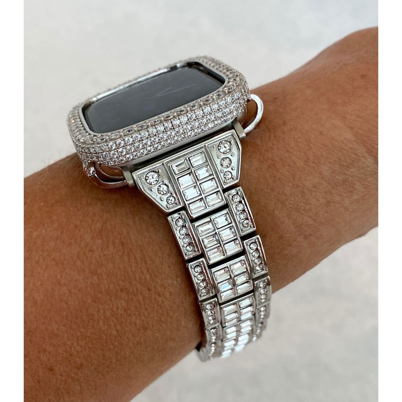 Silver Apple Watch Band Swarovski Crystal Baguettes & or Apple Watch Cover Lab Diamond Bezel Case Bling 38 40 41 42 44 45 49mm Ultra - Apple