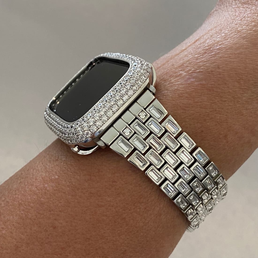 Silver Apple Watch Band Swarovski Crystal Baguettes & or Apple Watch Cover Lab Diamond Bezel Case Bling 38mm-49mm Ultra S1-8 - 40mm apple