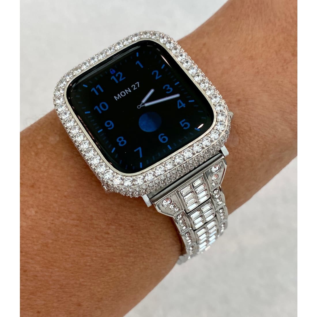 Silver Apple Watch Band Womens Swarovski Crystal Baguettes 49mm Ultra 41mm 45mm & or Apple Watch Cover Lab Diamond Smartwatch Bumper 38-45mm