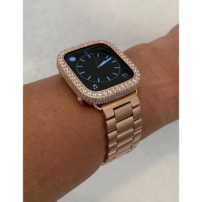 Ultra 49mm Apple Watch Band Rose Gold Stainless Steel & or Apple Watch Cover Lab Diamond Bezel Case Bling 38mm-45mm S1-8 - apple watch,