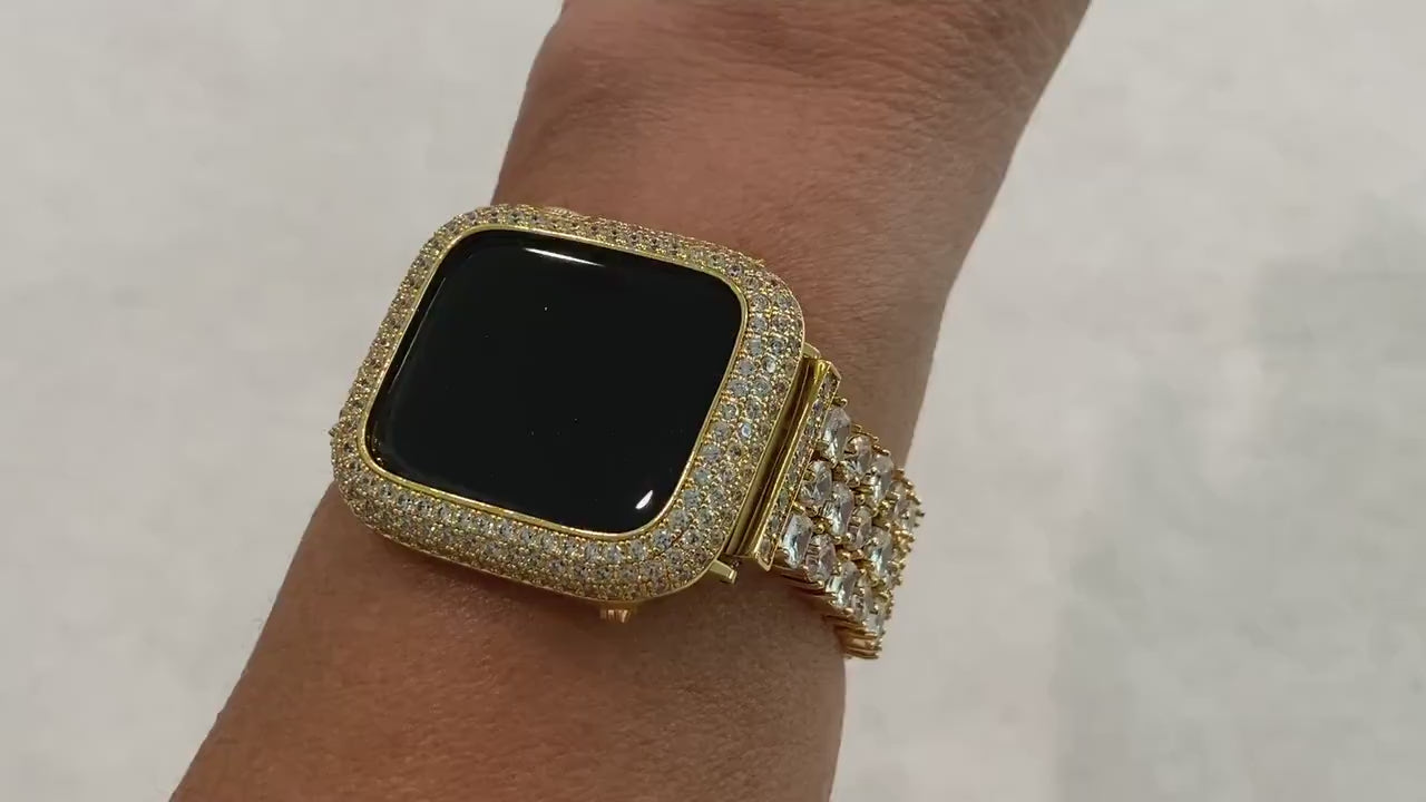 Series 1-8 Gold Apple Watch Band 38mm-45mm & or Pave Lab Diamond Bezel Cover Smartwatch Bumper Bling