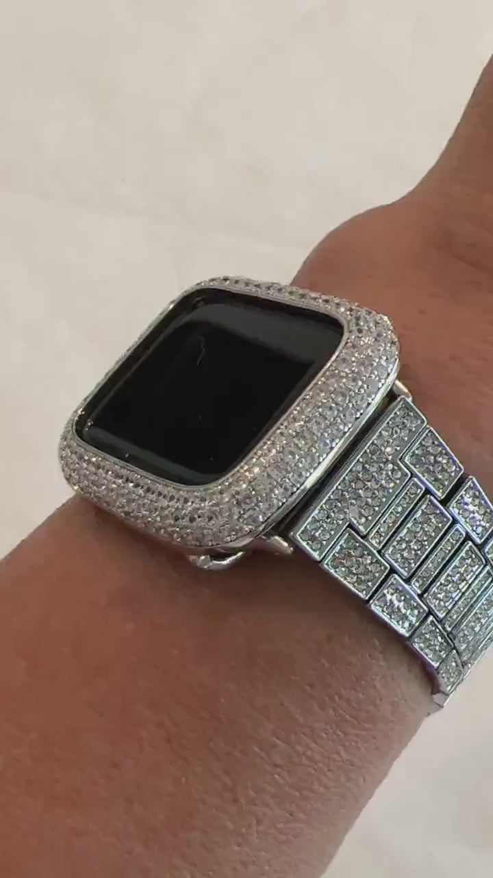 Pave Apple Watch Band 38 40 41 42 44 45mm Silver & or Lab Diamond Bezel Cover Smartwatch Case Bling Series 1-8 SE