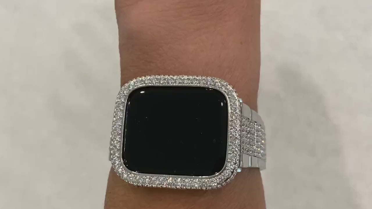 White Gold Apple Watch Band Silver & or Lab Diamond Bezel Cover Bumper 38mm 40mm 41mm 42mm 44mm 45mm Series 7