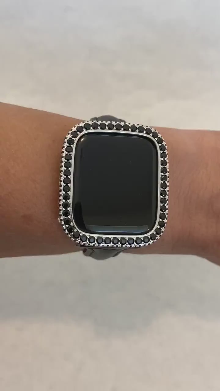 Apple Watch Bezel Cover Silver With Black Lab Diamonds, Metal Iwatch Band Bumper Case 2.5mm 6 Final Sale