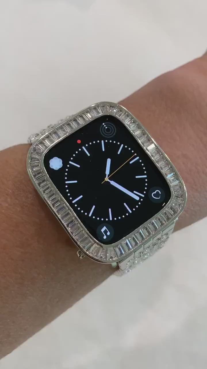 Custom Silver Apple Watch Band Swarovski Crystal Baguettes  38 40 41 42 44 45mm & or Baguette Lab Diamond Bezel Cover Series 2-8 SE