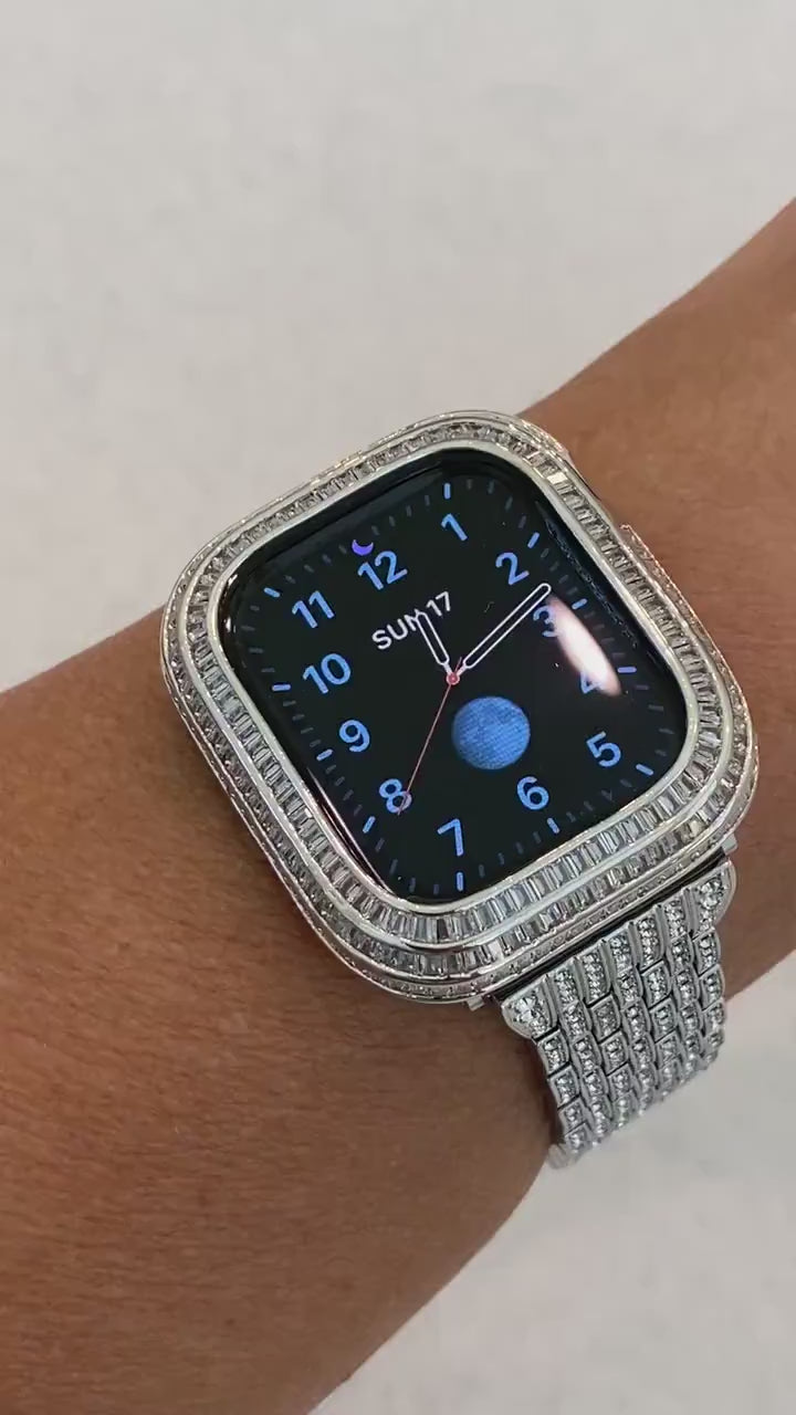 Series 4-8 Custom Silver Apple Watch Band 40mm 41mm 44mm 45mm & or Lab Diamond Baguette Bezel Cover Smartwatch Bumper