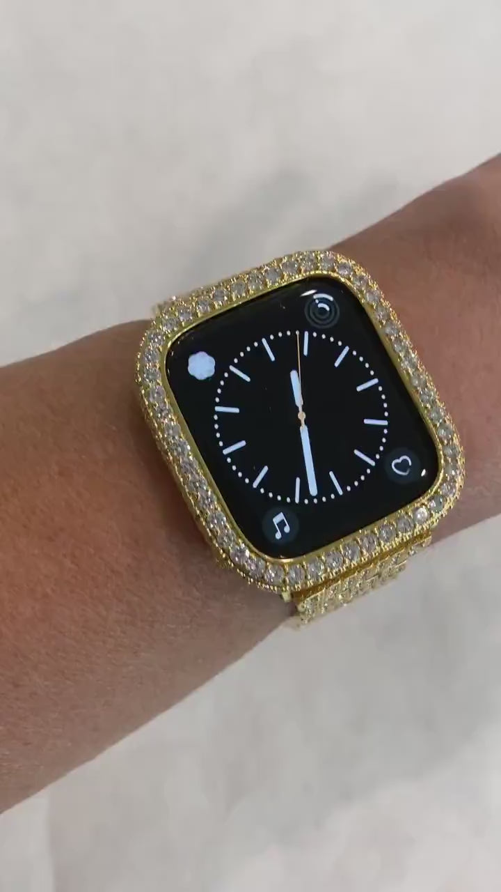 Series 8 Gold Apple Watch Band Swarovski Crystals & or Lab Diamond Bezel Bumper Case for Smartwatch 38mm-45mm Series 1-8