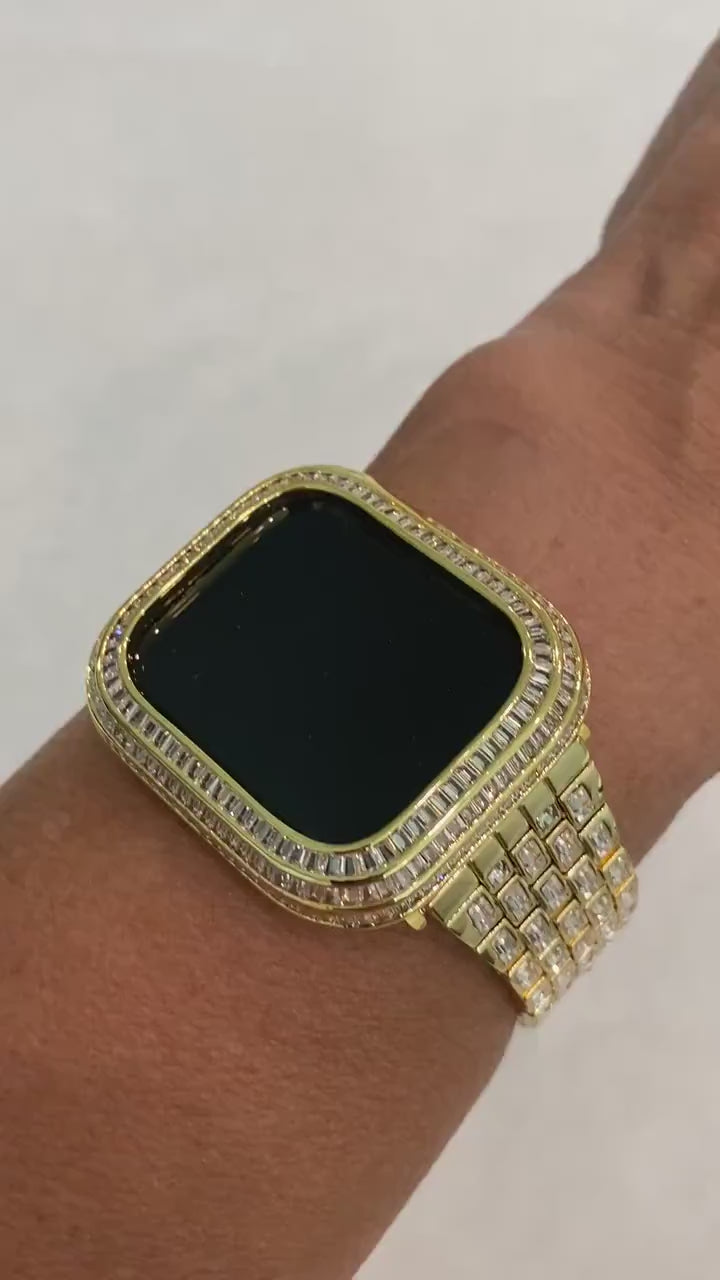 Custom Gold Apple Watch Band with Baguettes & or Lab Diamond Baguette Bezel Cover 40mm 44mm Handmade