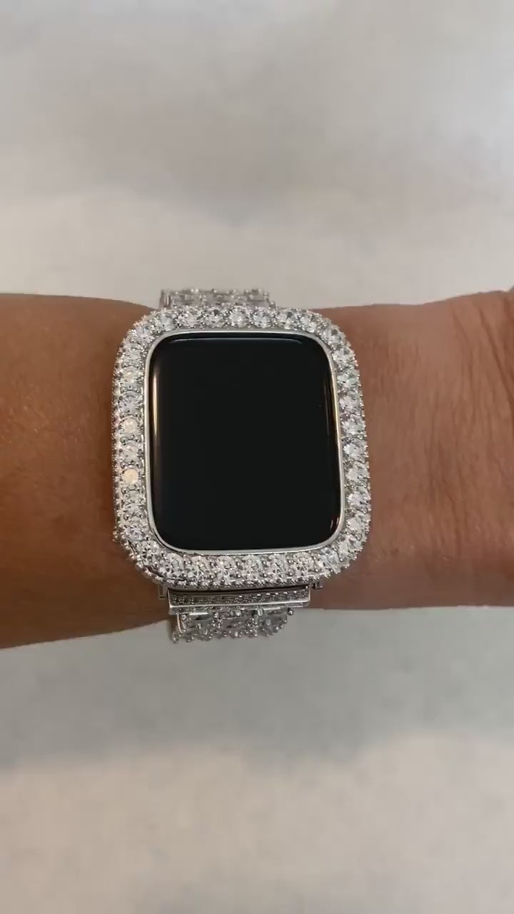 Series 1-8 Apple Watch Band Silver Swarovski Crystals & or Lab Diamond Bezel Cover 38mm 40mm 41mm 42mm 44mm 45mm Smartwatch Bumper