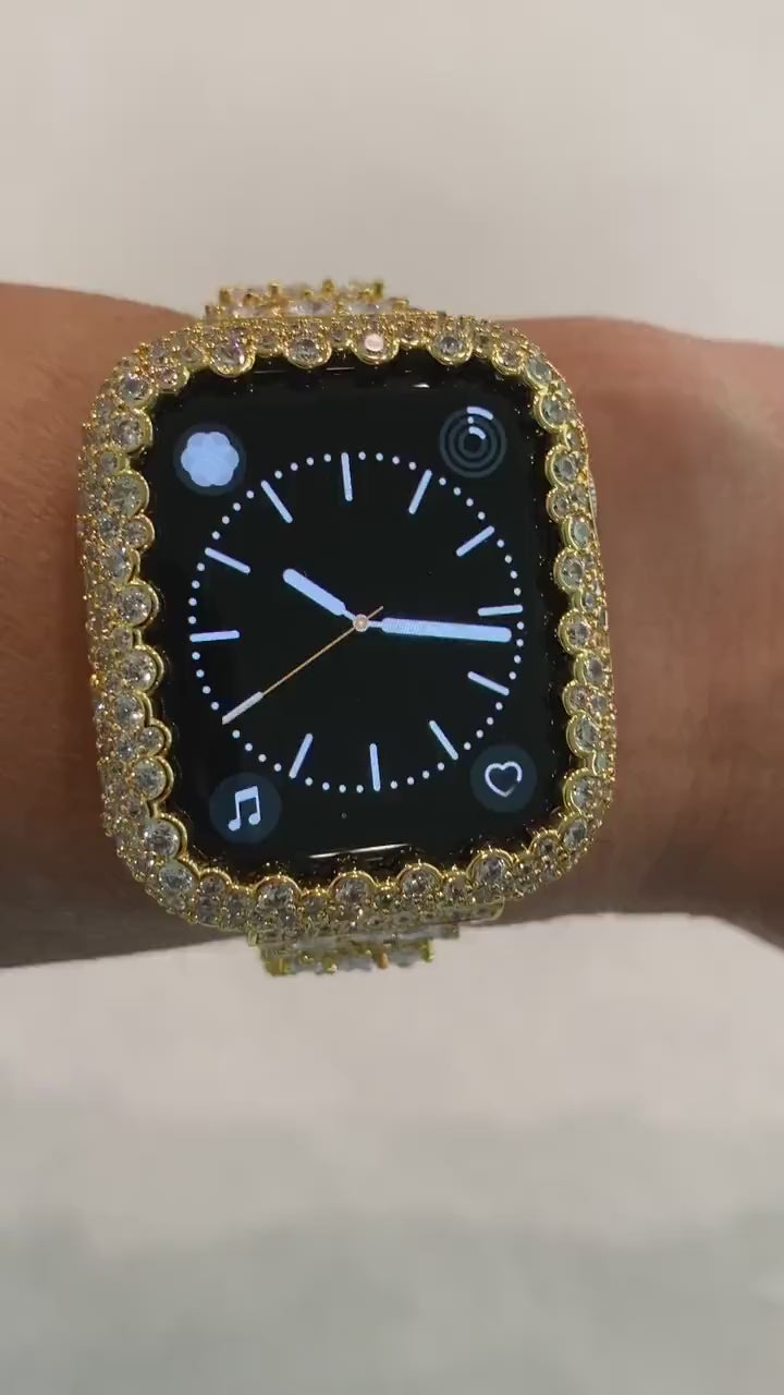 Series 1-8 Apple Watch Band Gold Swarovski Crystals & or Pave Lab Diamond Bezel Cover 38mm-45mm Smartwatch Bumper Bling