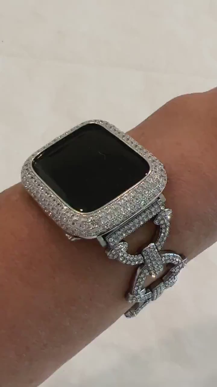 Pave Apple Watch Band 38 40 41 42 44 45mm Silver Swarovski Crystals & or Lab Diamond Bezel Cover Smartwatch Case Bling Series 1-8 SE