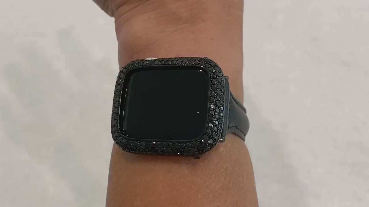 Black on Black Apple Watch Band Leather Slim Style and or Lab Diamond Bezel Cover Bling Series 6 blb1