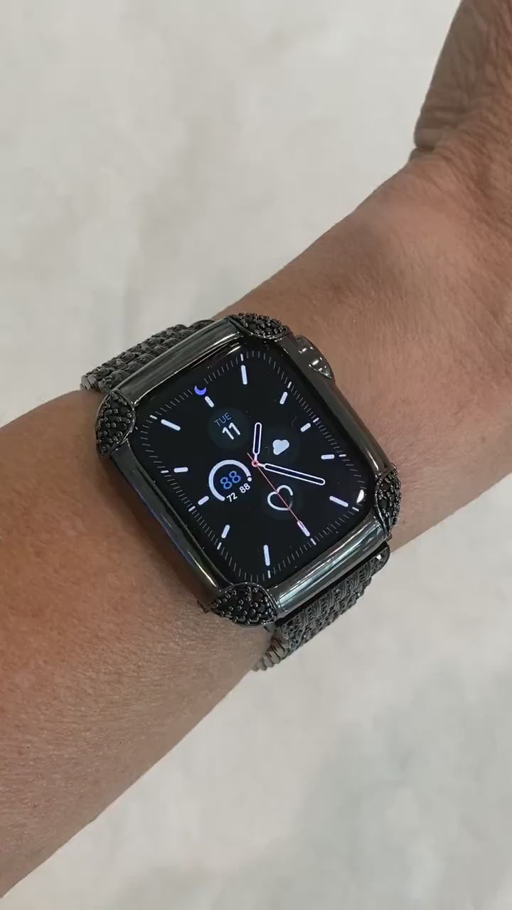 Black on Black Apple Watch Band & or Matching Lab Diamond Bezel Cover 40mm 44mm Custom Handmade