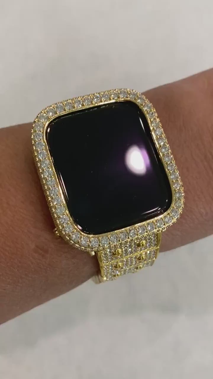 Gold Apple Watch Band Series 1-8 SE Swarovski Crystals & or Lab Diamond Bezel Cover 38mm-45mm Smartwatch Bumper Bling