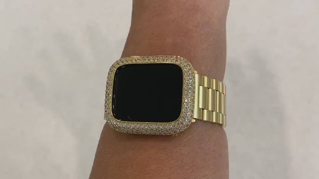 Custom Apple Watch Band Mens Gold Rolex Style & or Lab Diamond Bezel Cover Smartwatch Bumper 38mm-45mm Series 1-8 SE