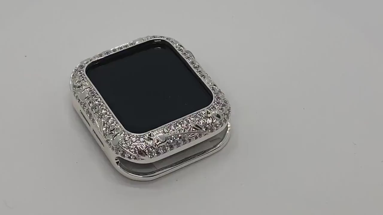 Swarovski Crystal Apple Watch Bezel Cover Silver, Smartwatch Bumper Bling 38mm 40mm 41mm 42mm 44mm 45mm Series 7,8