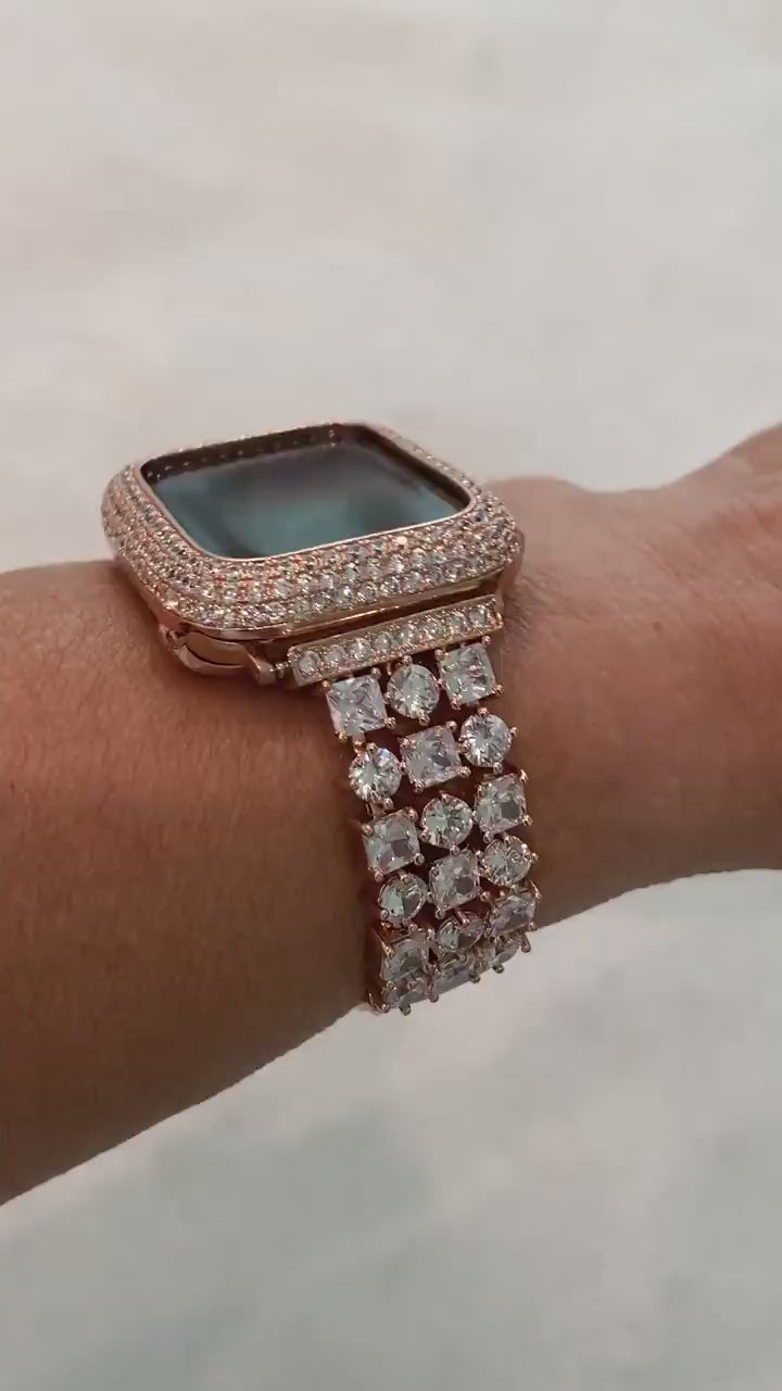 Rose Gold Apple Watch Case Cover 38mm 40mm 41mm 42mm 44mm 45mm Lab Diamond Bezel Bling Series 1-8 SE