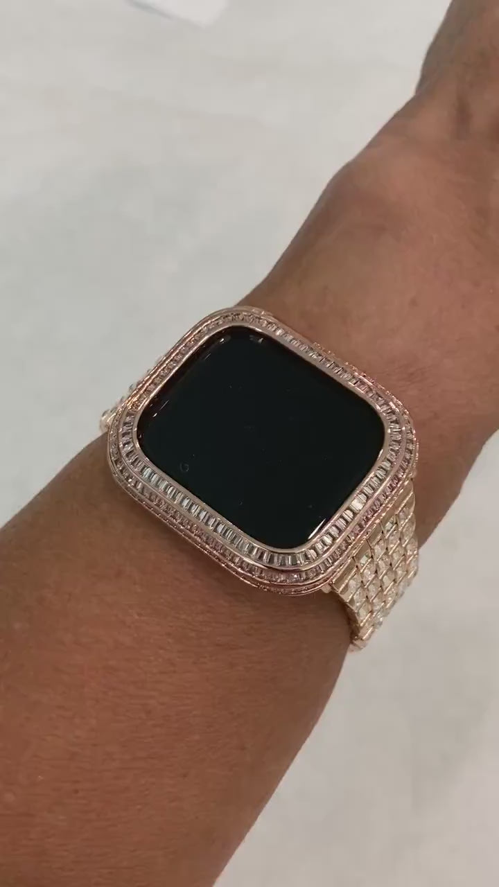 Series 4-8 Rose Gold Apple Watch Band with Baguettes 40mm-45mm & or Lab Diamond Baguette Bezel Cover Smartwatch Bumper Bling