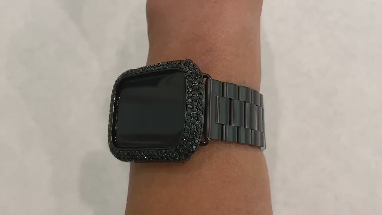 Black Apple Watch Band Rolex Style and or Custom Lab Diamond Bezel Cover 38mm 40mm 41mm 42mm 44mm 45mm Series 7,8