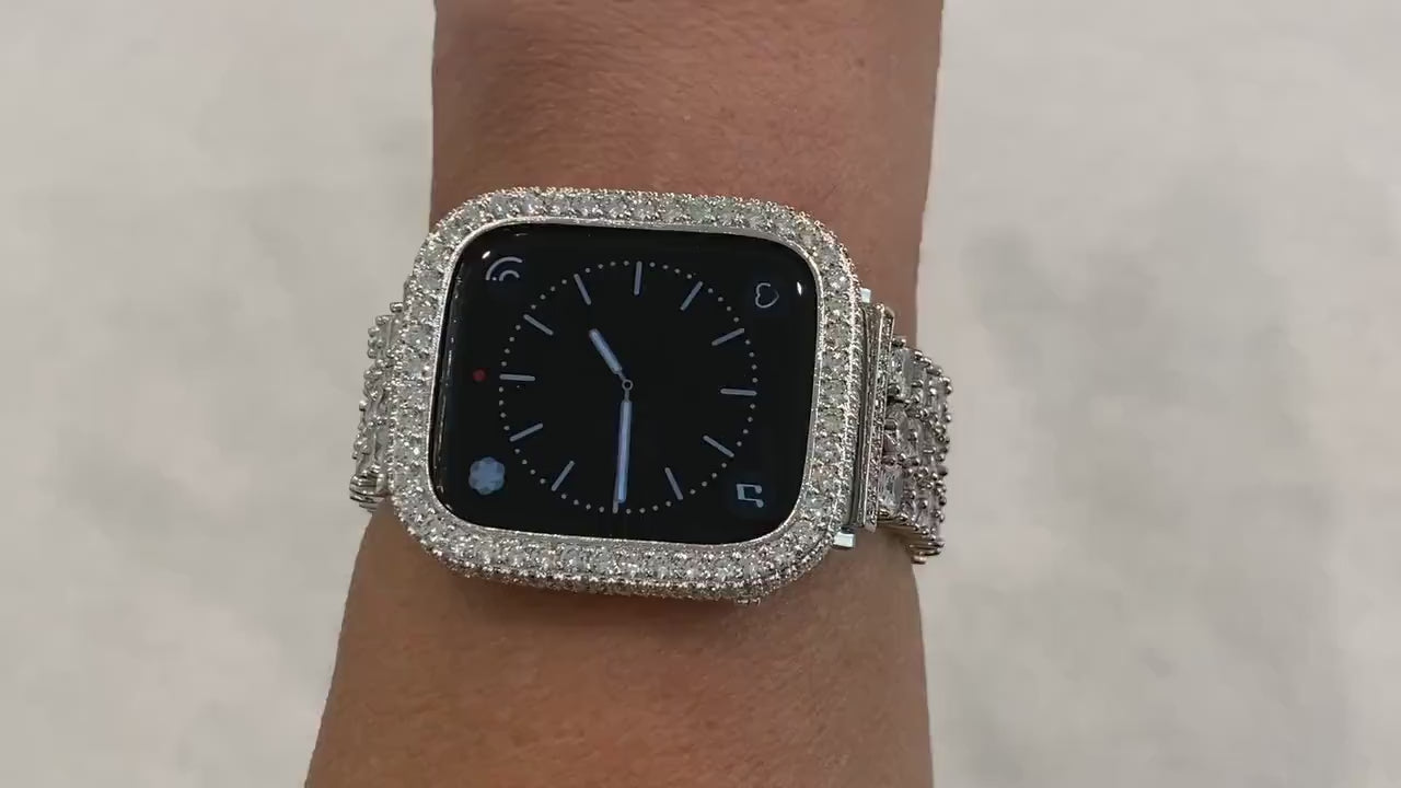 Series 2-8 White Gold Apple Watch Band Swarovski Crystals & or Silver Lab Diamond Cover Bezel for Iwatch Band Bling 38-45mm