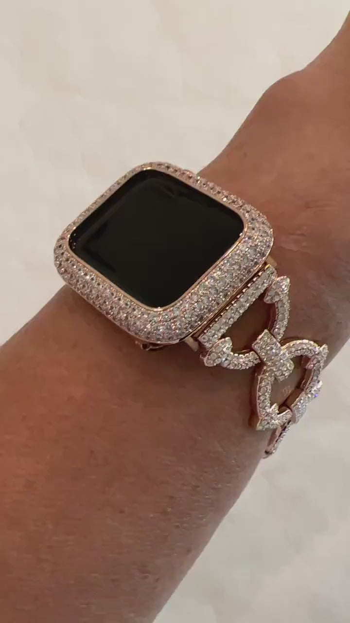 Pave Apple Watch Band 38 40 41 42 44 45mm Rose Gold Swarovski Crystals & or Lab Diamond Bezel Cover Smartwatch Case Bling Series 1-8 SE