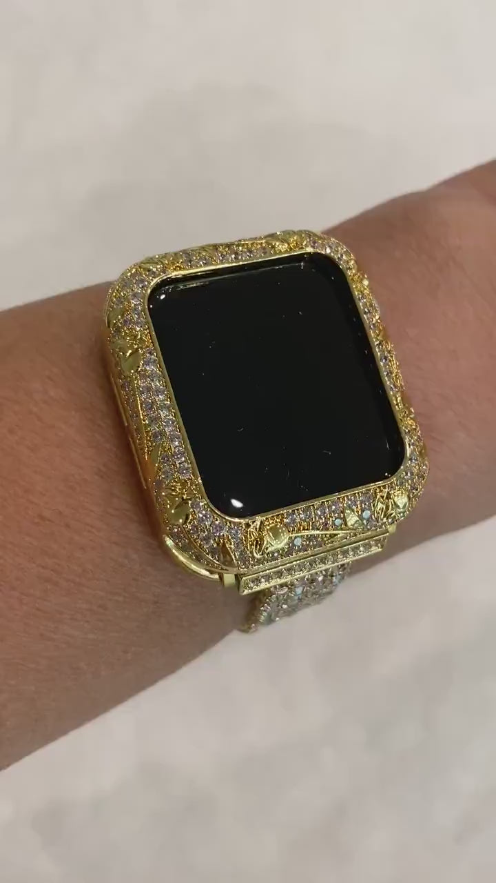 Apple Watch Case Cover Gold Swarovski Crystals, Smartwatch Bumper Bezel Bling 38mm 40mm 42mm 44mm Series 6