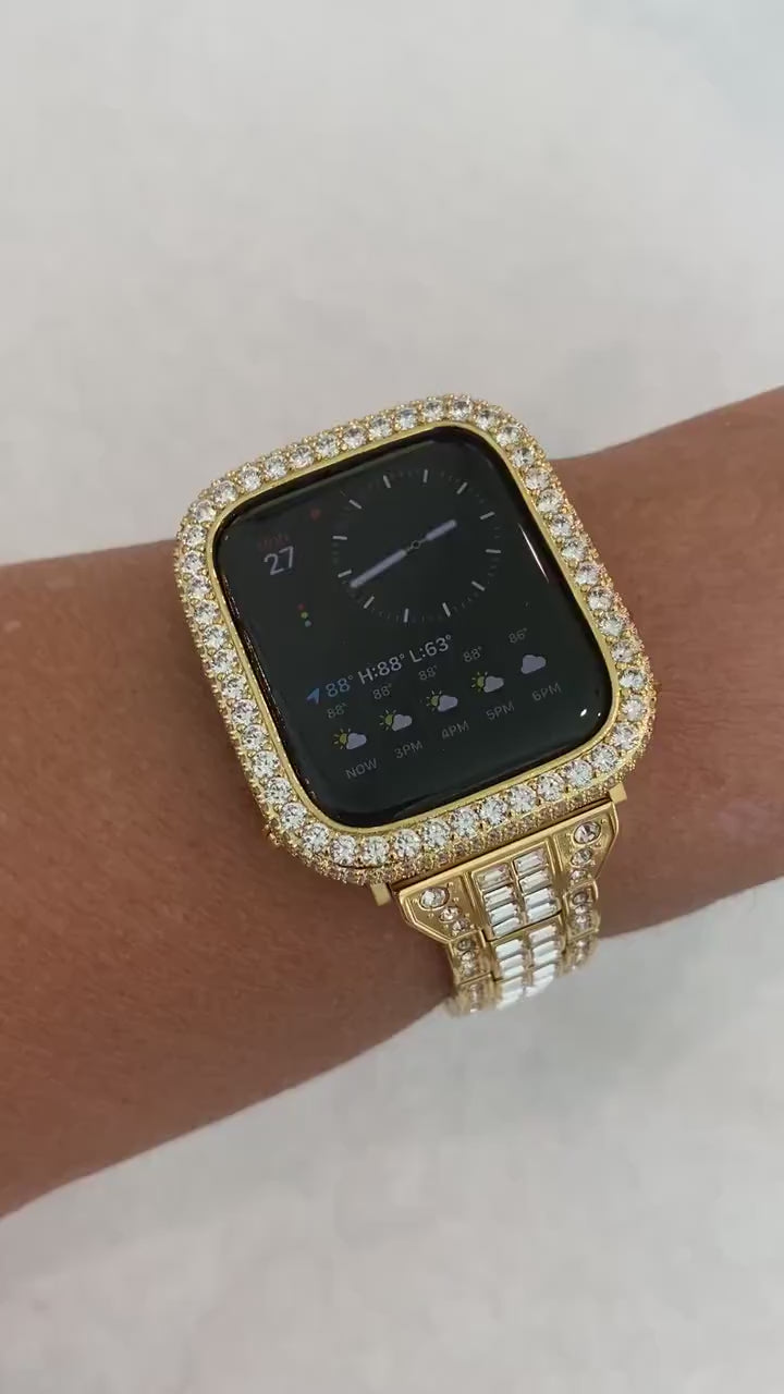 Series 1-8 Apple Watch Band 41mm 45mm Swarovski Crystals Baguettes & or Lab Diamond Bezel Bumper Cover 38mm-44mm Smartwatch Gold