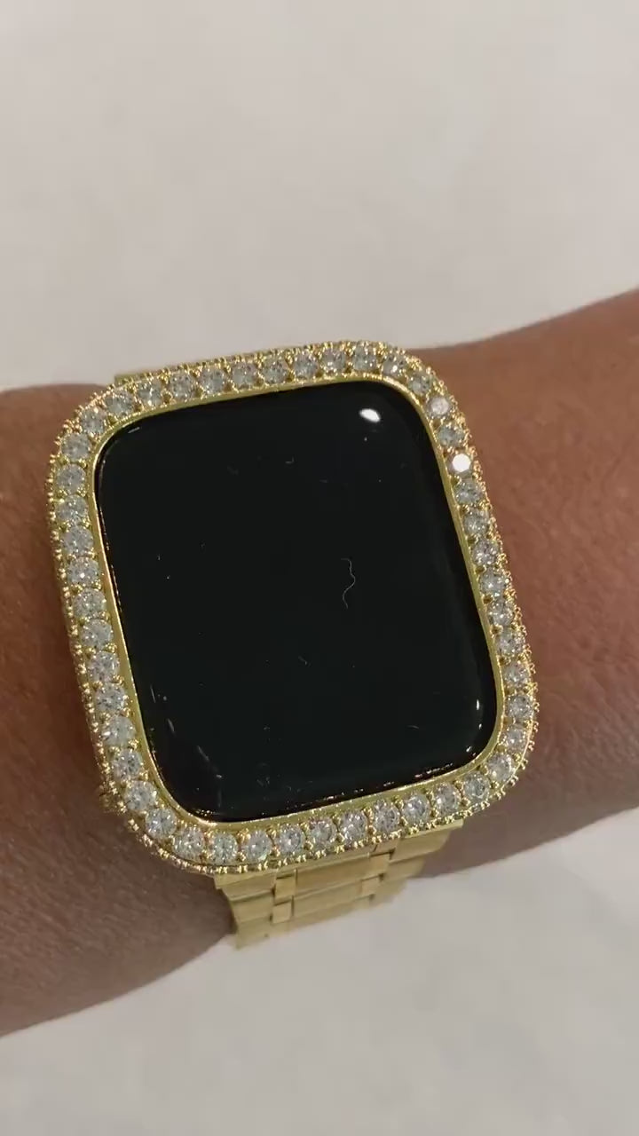 Gold Apple Watch Band 38mm 40mm 41mm 42mm 44mm 45mm Series 7,8 Stainless Steel Ultra Thin & or Lab Diamond Bezel Cover Bling