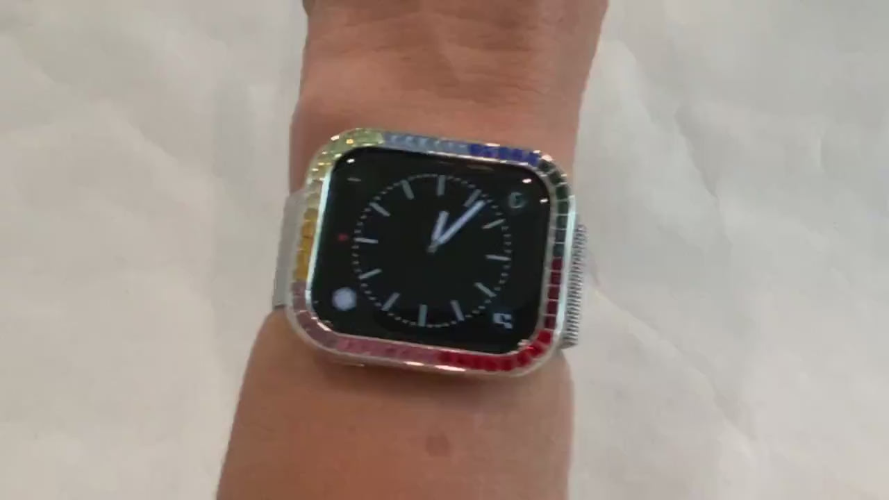 Rainbow Apple Watch Cover Case Silver Swarovski Crystal Bezel 38mm 40mm 41mm 42mm 44mm 45mm Smartwatch Bumper Bling Series 2-8 SE