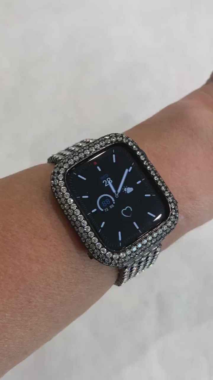 Series 1-8 Apple Watch Band Black Swarovski Crystals & or Lab Diamond Bezel Cover 38mm 40mm 42mm 44mm 45mm Smartwatch Bumper Bling