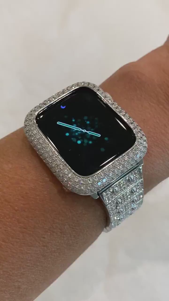 Series 1-8 Apple Watch Band White Gold 41mm 45mm Swarovski Crystals & or Silver Lab Diamond Bezel Case Cover Bling for Smartwatch