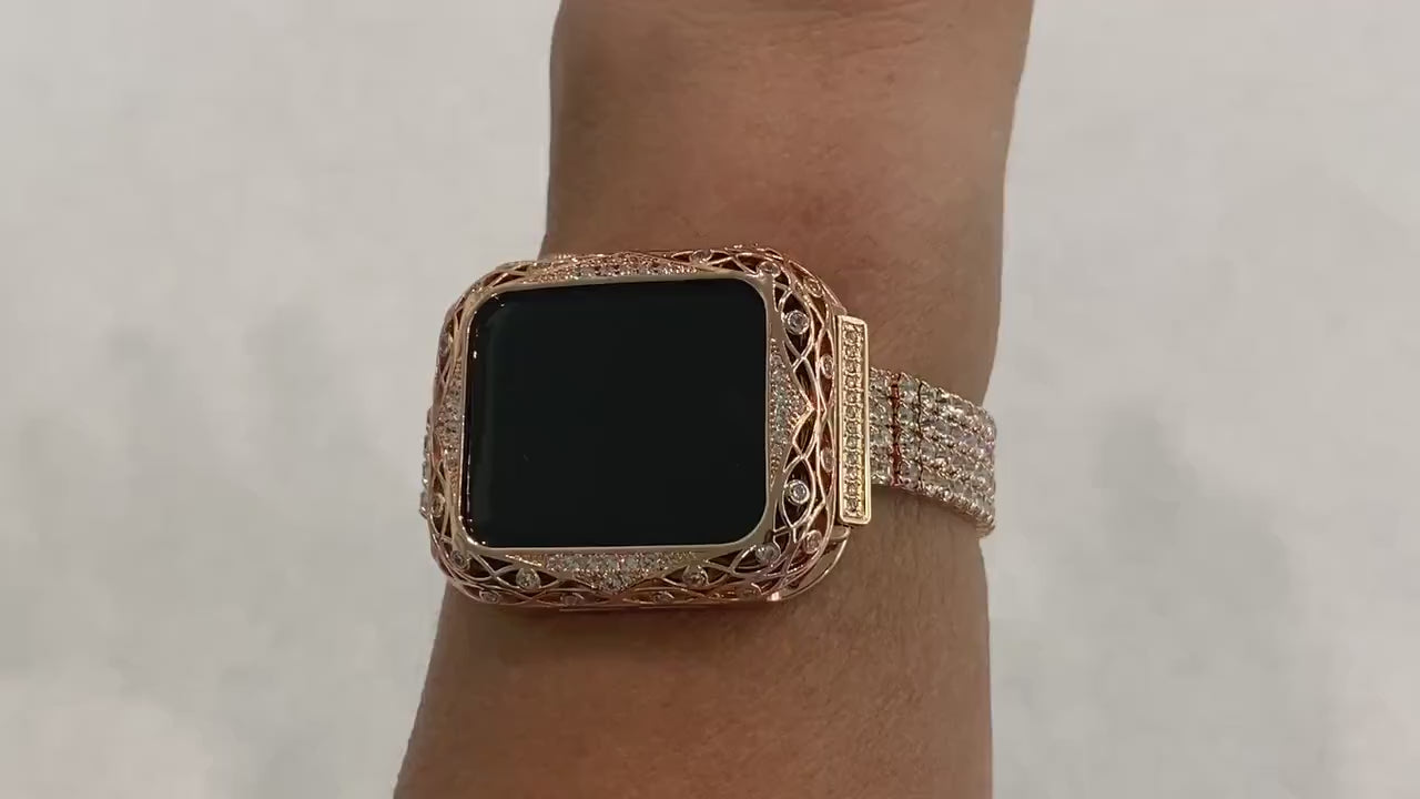 Series 2-8 Apple Watch Band Women Rose Gold Swarovski Crystals & or Lab Diamond Bezel Cover 38mm 40mm 41mm 42mm 44mm 45mm Smartwatch Bumper