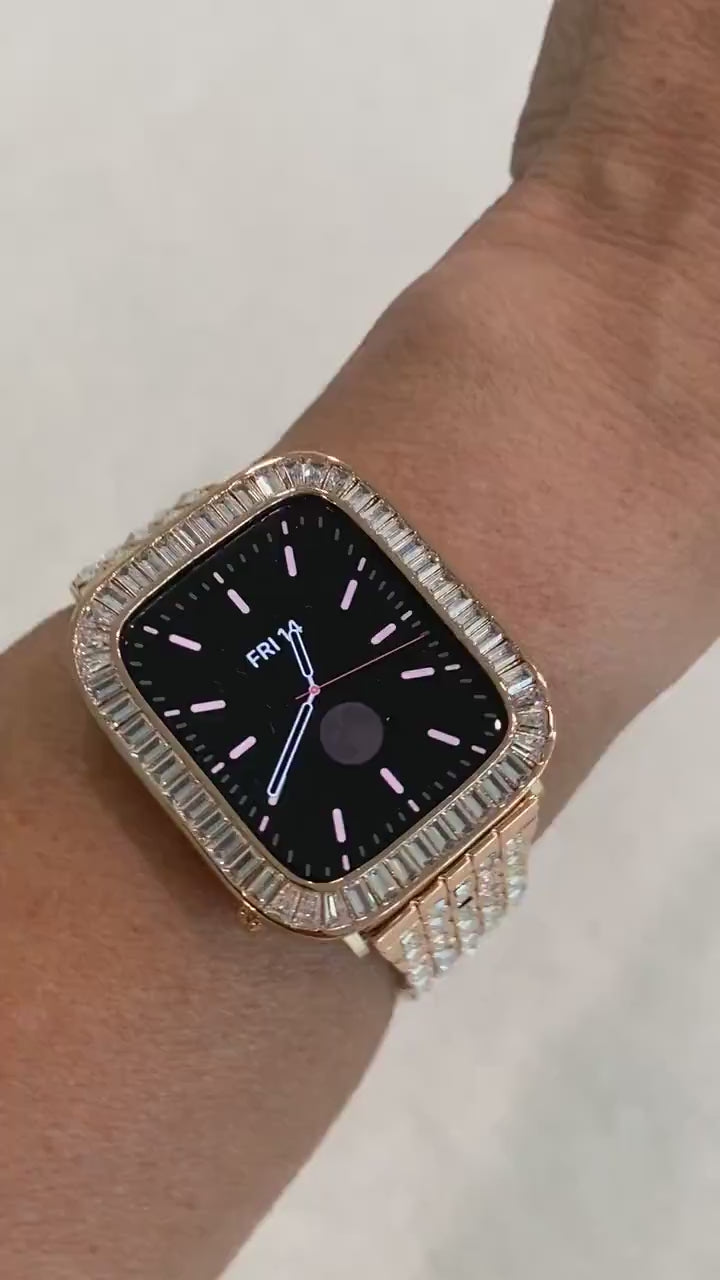 Series 1-8 Rose Gold Apple Watch Band Swarovski Crystal Baguettes 38 40 41 42 44 45mm & or Baguette Lab Diamond Bezel Cover