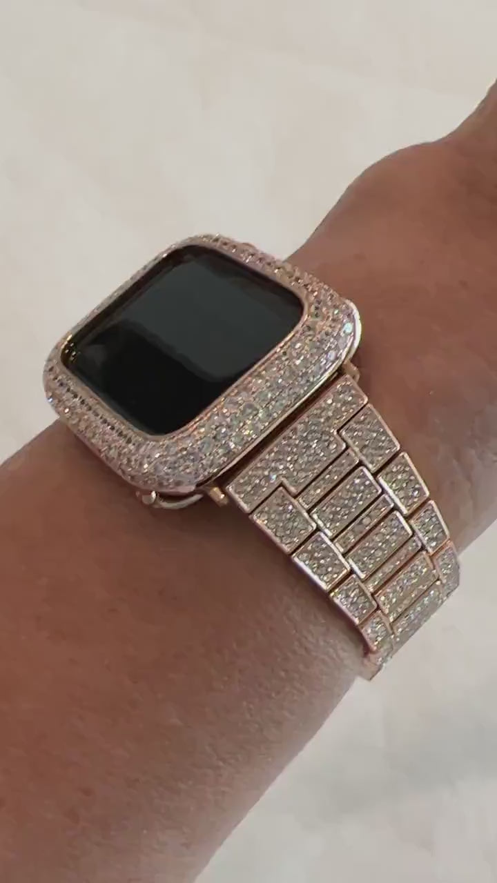 Pave Apple Watch Band 38 40 41 42 44 45mm Rose Gold & or Lab Diamond Bezel Cover Smartwatch Case Bling Series 1-8 SE