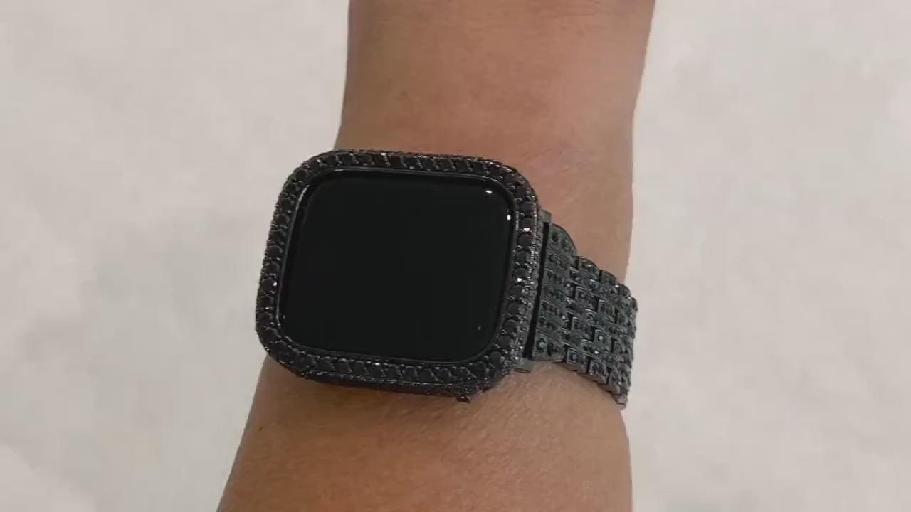 Custom Apple Watch Band Black and or Iwatch Lab Diamonds Bezel Case Cover 38mm 40mm 41mm 42mm 44mm 45mm Series 7,8