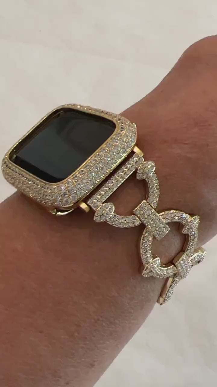 Pave Apple Watch Band 38 40 41 42 44 45mm Gold Swarovski Crystals & or Lab Diamond Bezel Cover Smartwatch Case Bling Series 1-8 SE