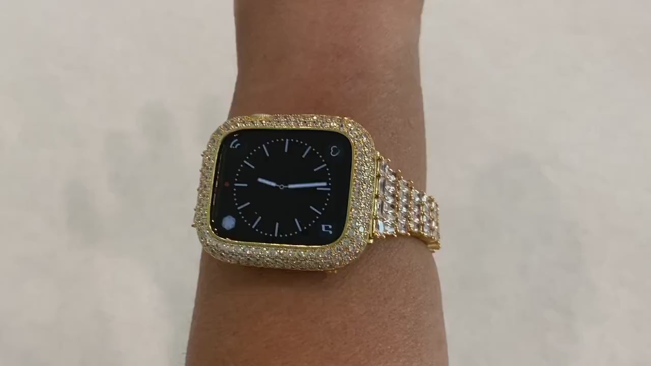 Series 1-8 Apple Watch Band Gold Swarovski Crystals & or Lab Diamond Bezel Case Smartwatch Bumper Bling 38mm-45mm