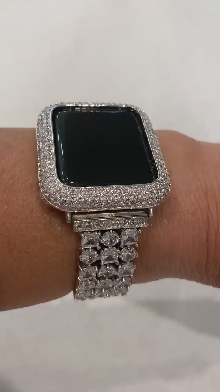 Series 1-8 Apple Watch Band 41mm 45mm Swarovski Crystals & or Lab Diamond Bezel Case Bumper for Smartwatch Bling Silver