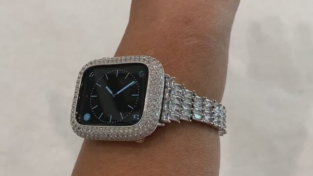 Bling Apple Watch Band Women Silver 41mm 45mm Series 7-8 Swarovski Crystal & or Lab Diamond Bezel Cover for Smartwatch