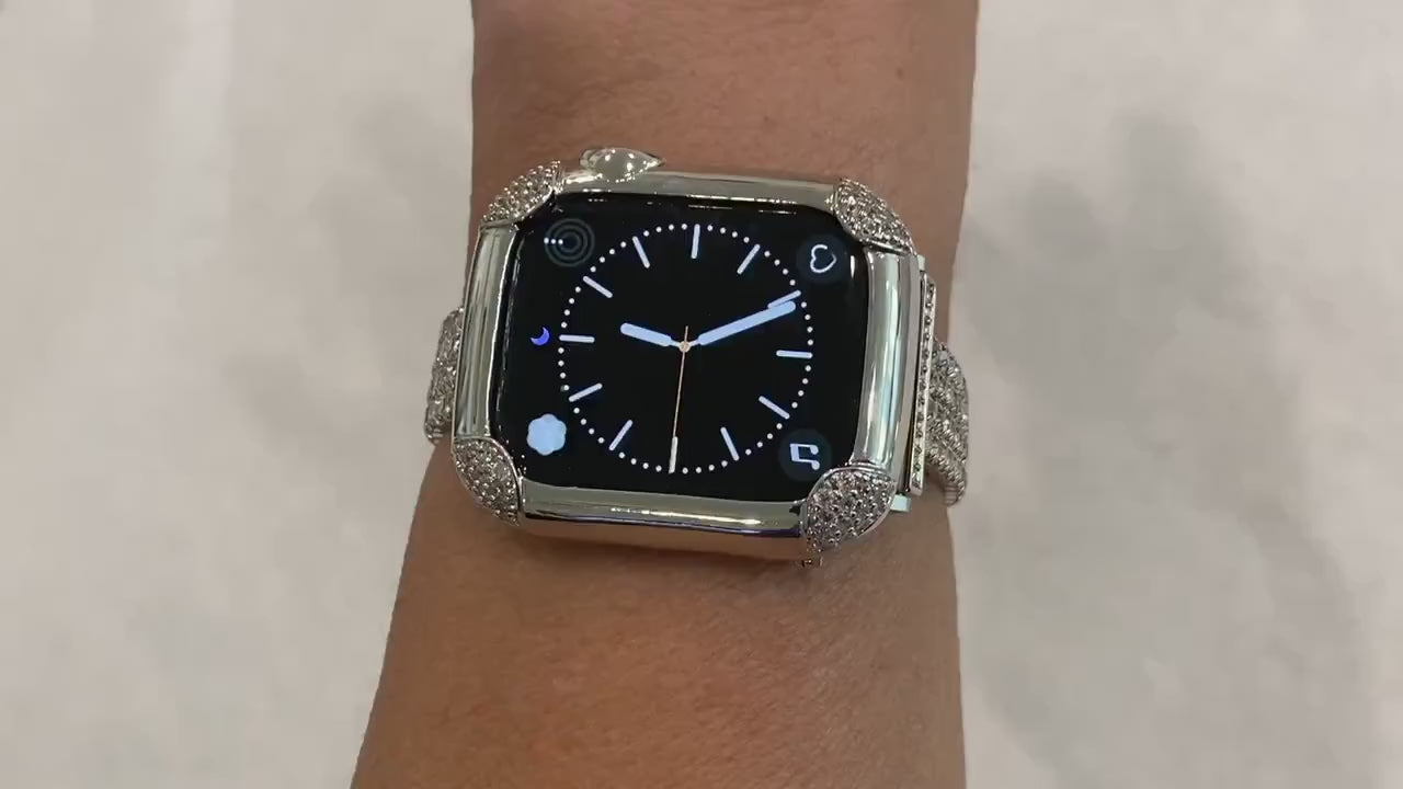 White Gold Apple Watch Bezel Cover 44mm Womens, Silver Lab Diamond Bumper Case, Gift for Her Custom Handmade Final Sale