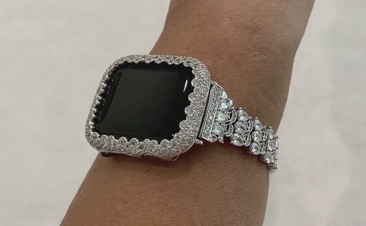 Series 1-8 White Gold Apple Watch Band 41mm 45mm Swarovski Crystals & or Lab Diamond Bezel Cover Smartwatch Bumper