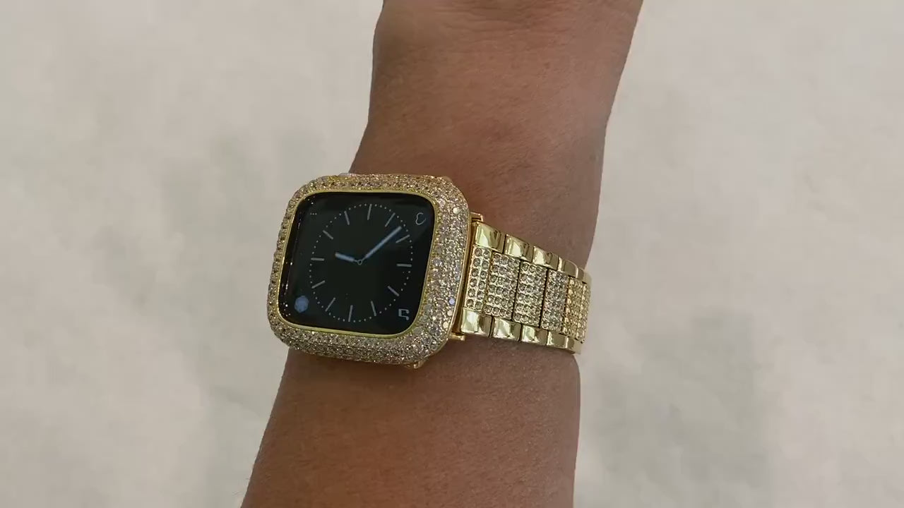 Series 1-8 Gold Apple Watch Band 41mm 45mm Swarovski Crystals & or Lab Diamond Bezel Cover 38mm 40mm 42mm 44mm Smartwatch Bling