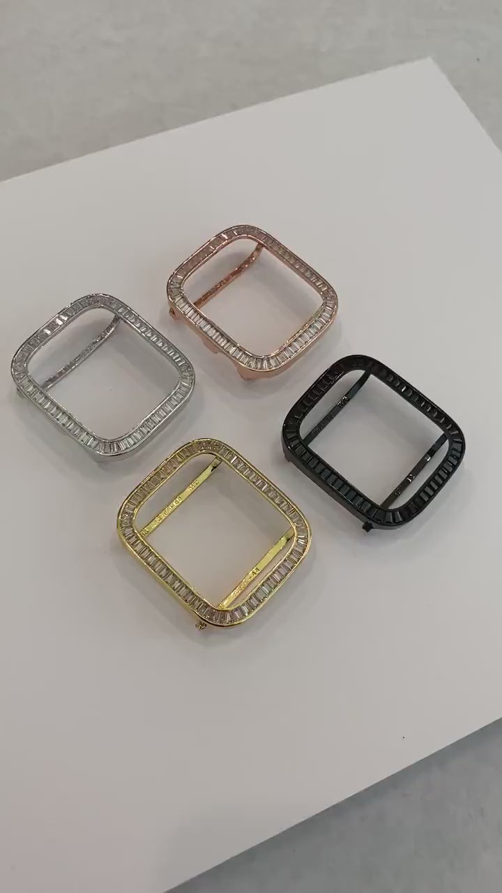 Series 1-8 Apple Watch Bezel Case Cover Large Lab Diamond Baguettes 38mm 40mm 41mm 42mm 44mm 45mm in Silver, Gold, Rose Gold and Black